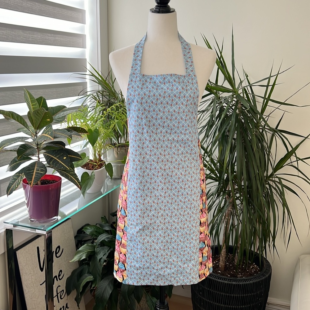 Handmade Reversible Cupcake Apron with Deep Pockets and Long Ties